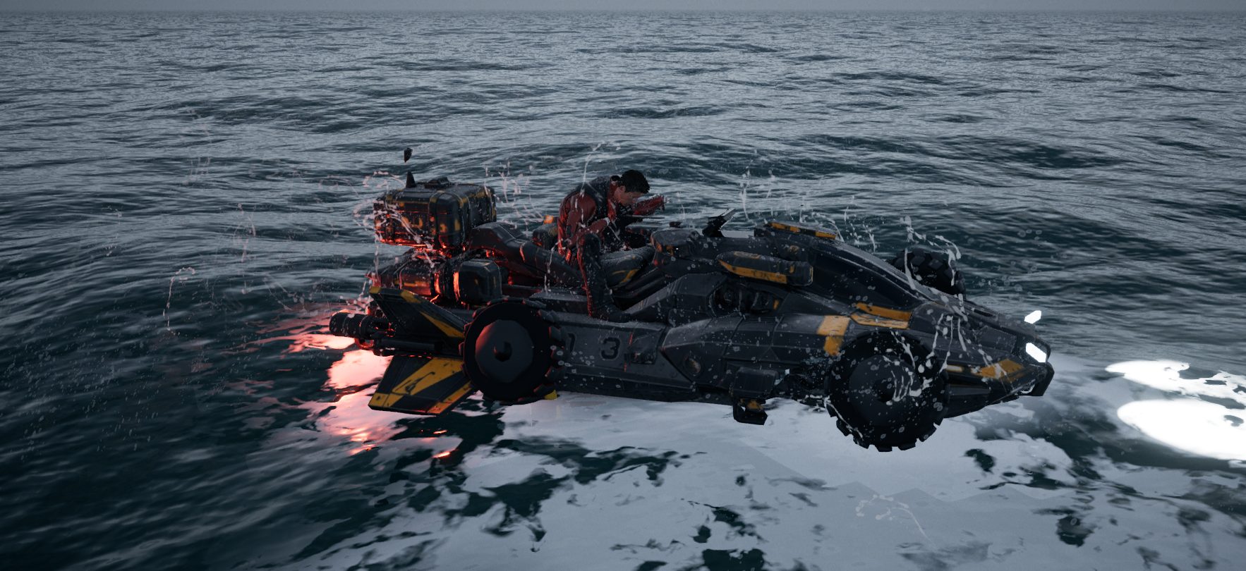 An amphibious quad ski skims a dark, choppy sea