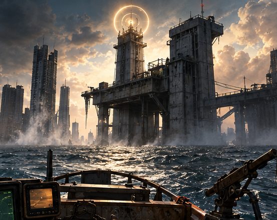 Key art of a ruined offshore tower in a stormy sea
