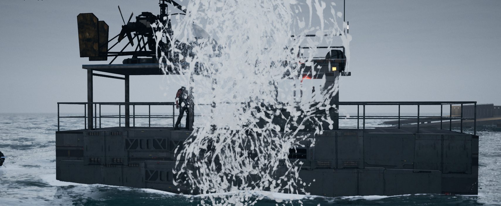 A wave slams over the deck