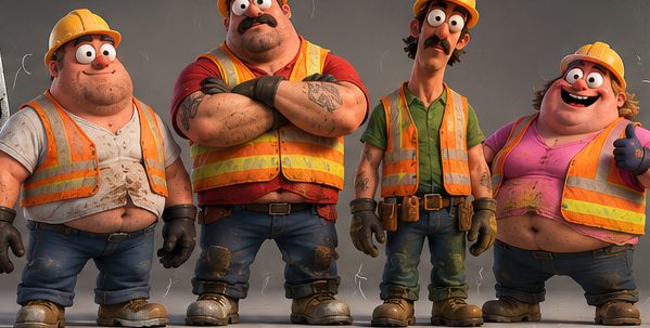 Concept art of four goofy road workers in hi-vis vests