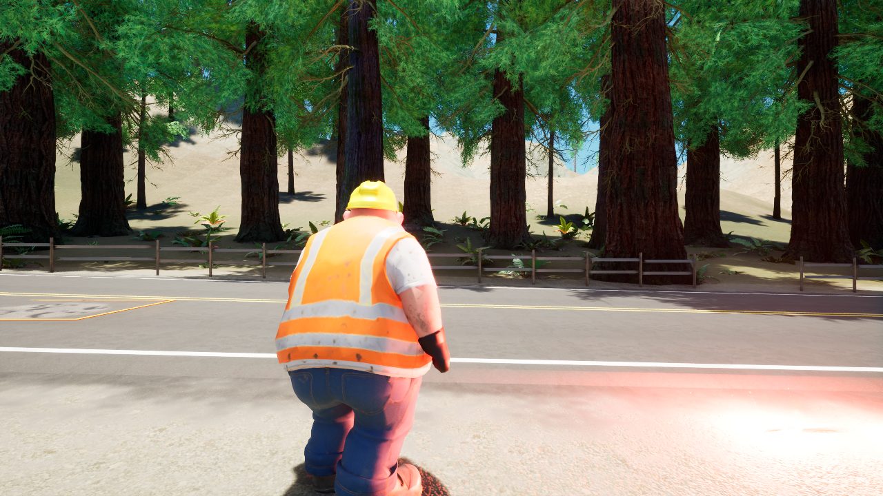 A road worker in a hi-vis vest steps onto a redwood highway