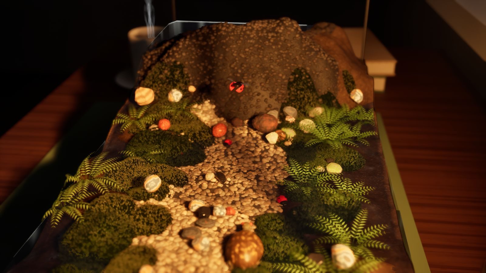 A mossy terrarium at night with fireflies