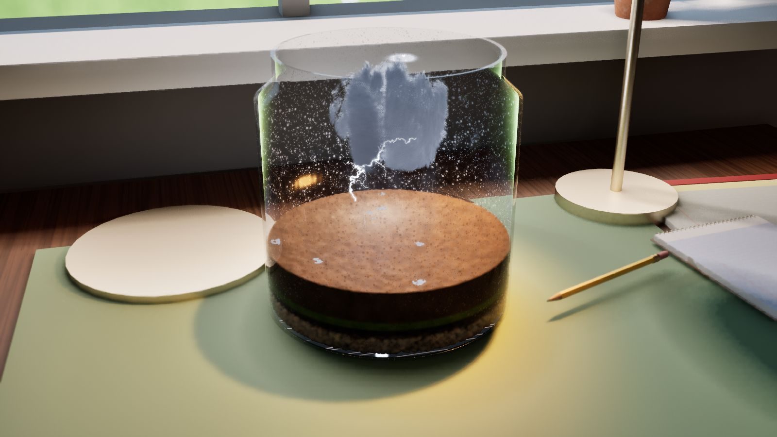 A jar holding a tiny thundercloud with lightning