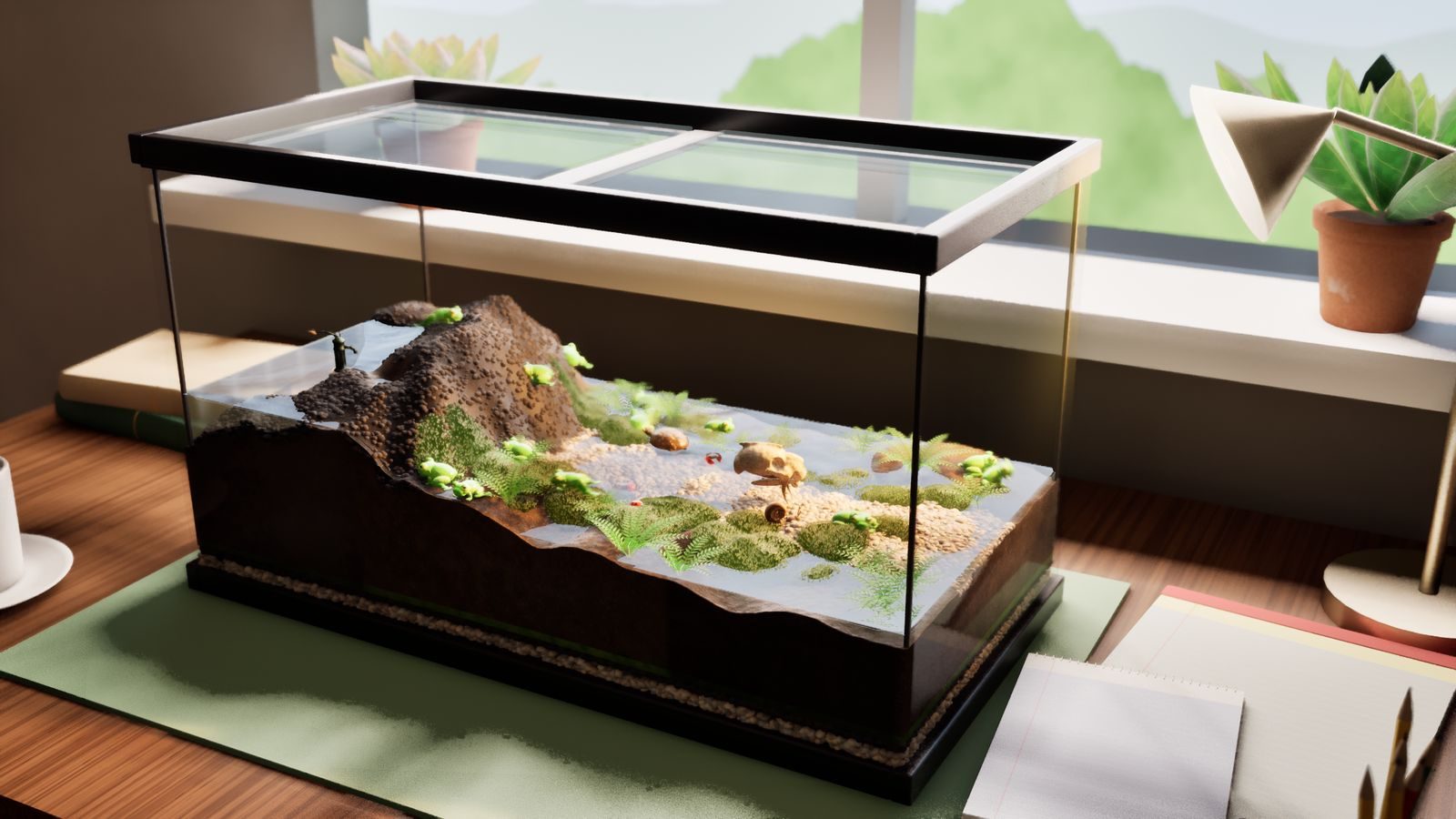 A glass tank terrarium on a sunlit desk