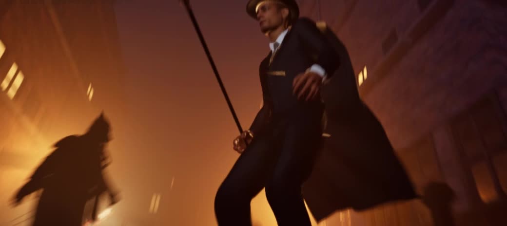 Jekyll swings his cane at a hooded attacker in a gaslit London street