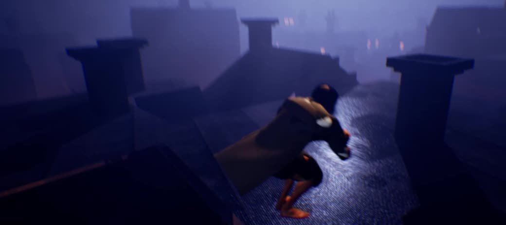 Hyde on wet rooftops among chimney stacks