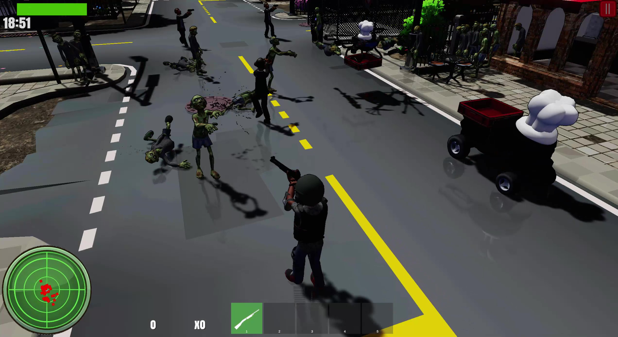 Shotgun blast against a zombie in the street